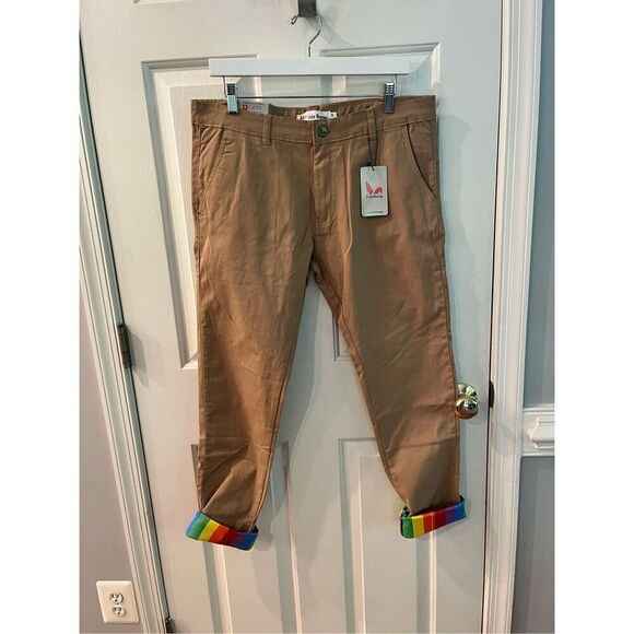 Pride Bunny Tan Rainbow Roll Cuff Chino Pants sz 34 NWT - Picture 2 of 12